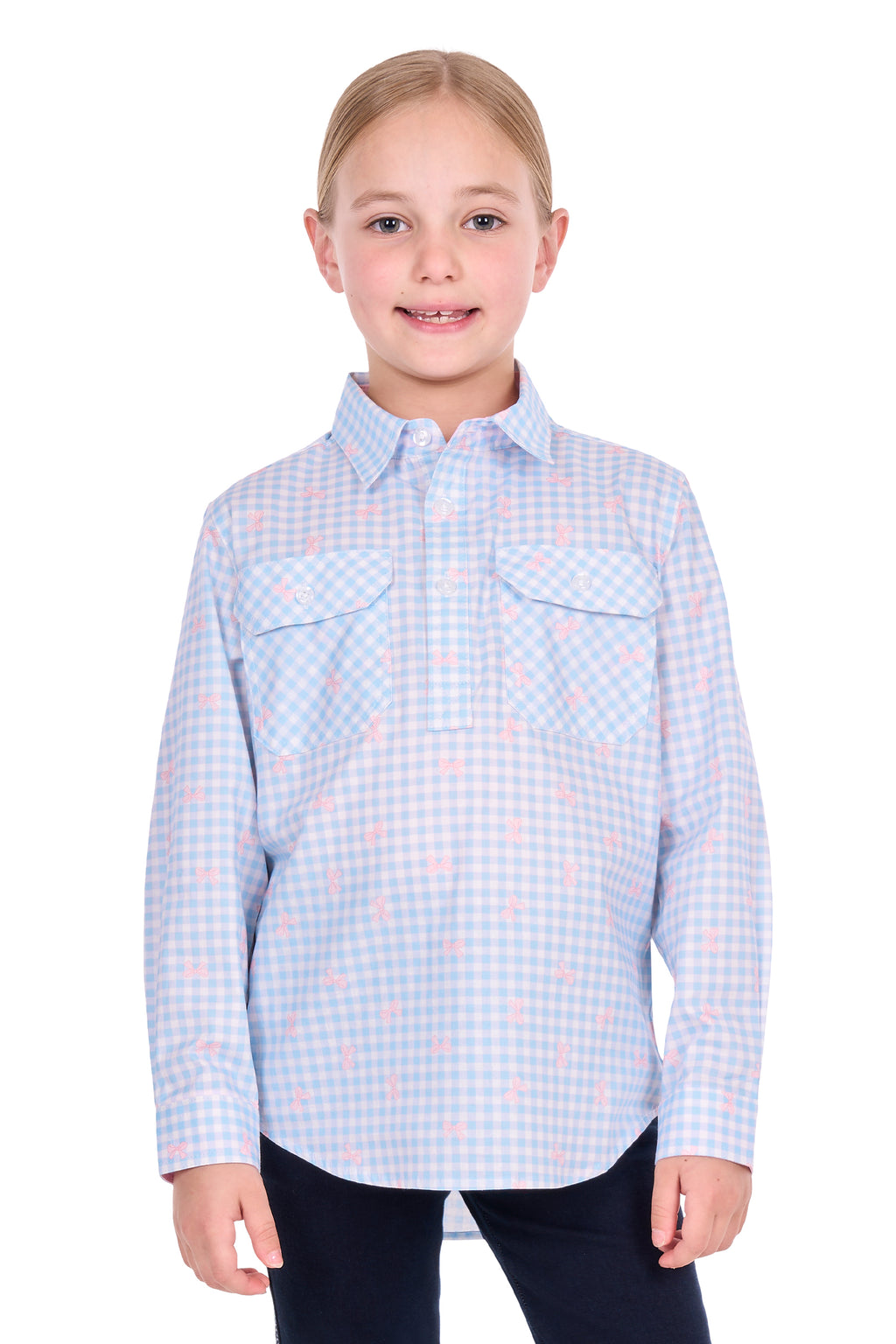 Hard Slog Kid's Lillia Half Placket Long Sleeve Shirt - Pale Blue/Pink - H6S7101156