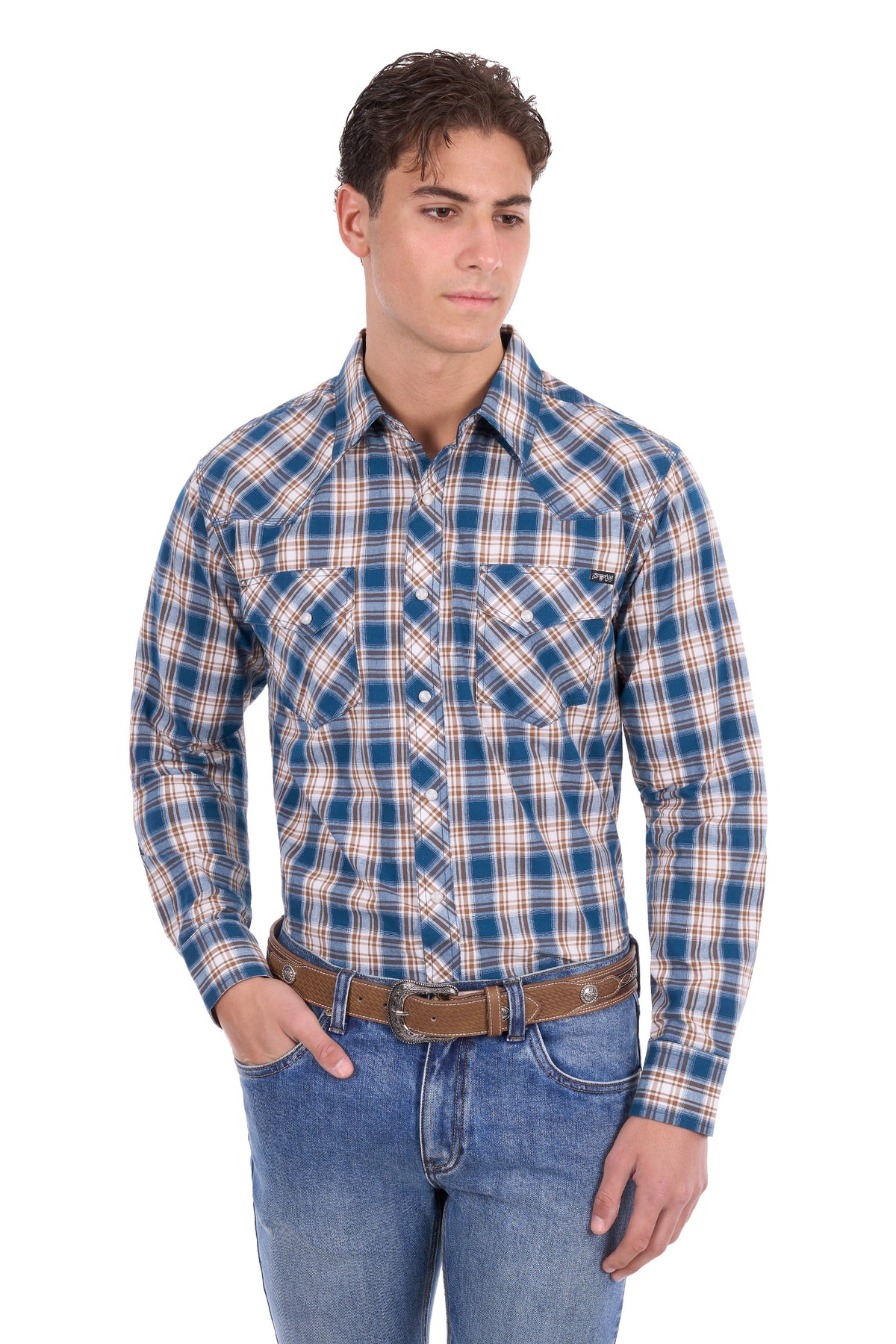 Pure Western Men's Todd Check Western Long Sleeve Shirt - Navy/Tan - P6S1100301