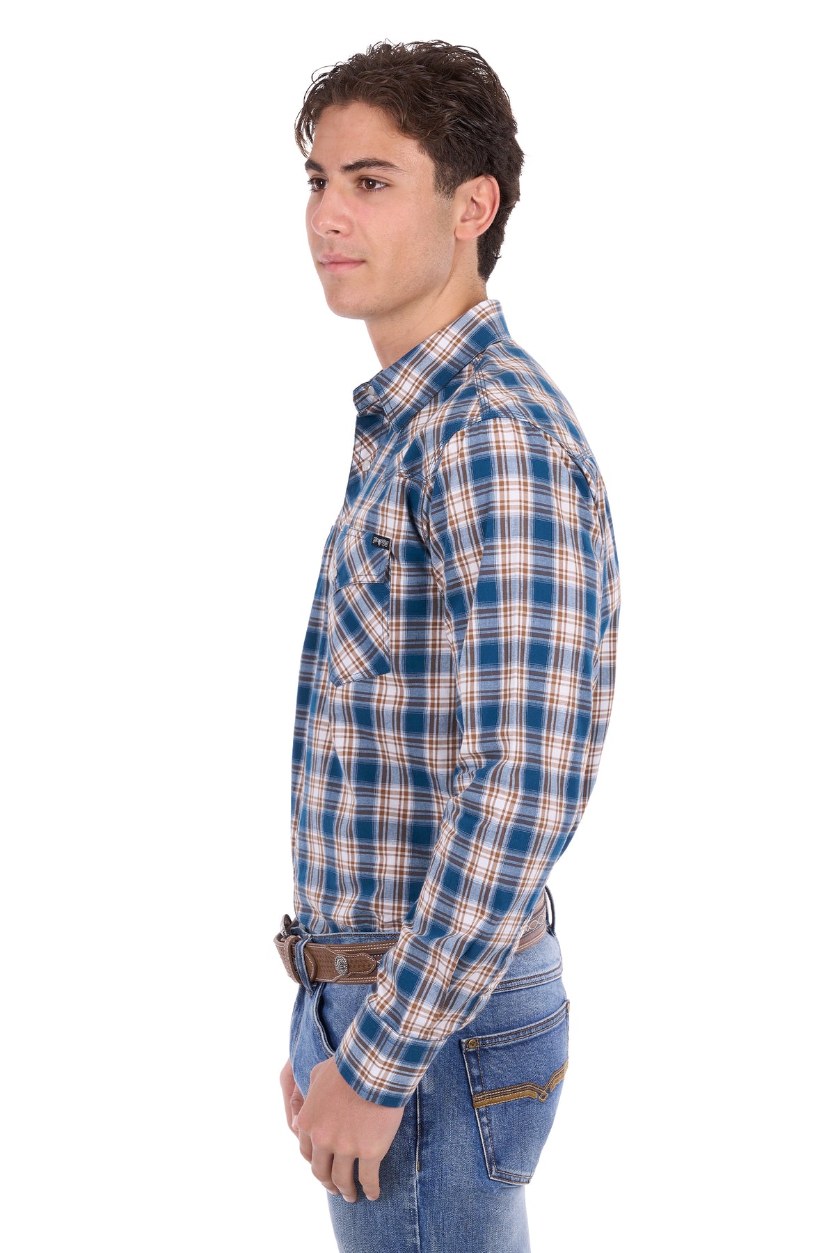 Pure Western Men's Todd Check Western Long Sleeve Shirt - Navy/Tan - P6S1100301