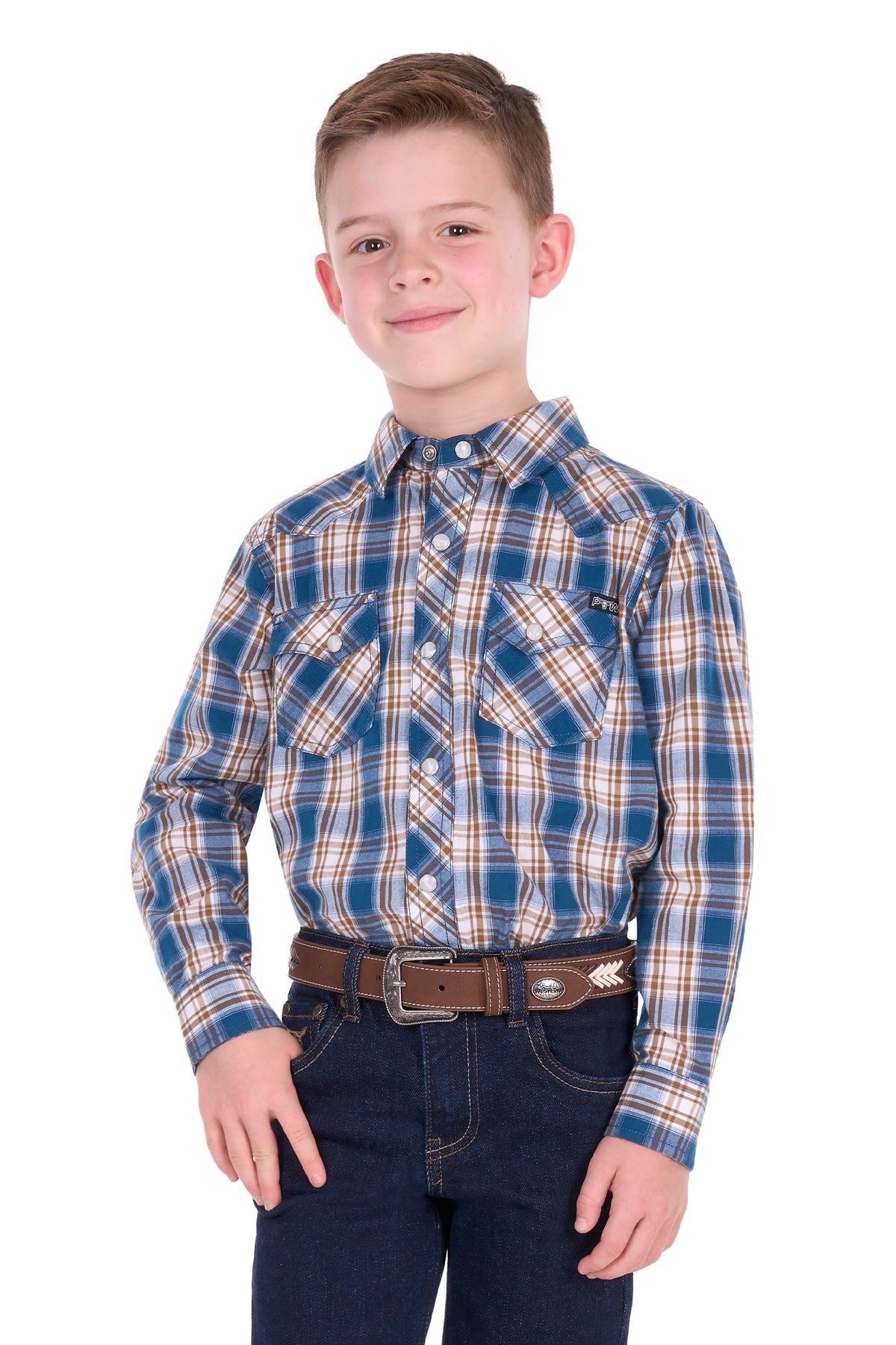 Pure Western Boys' Todd Check Western Long Sleeve Shirt - Navy/Tan - P6S3100301