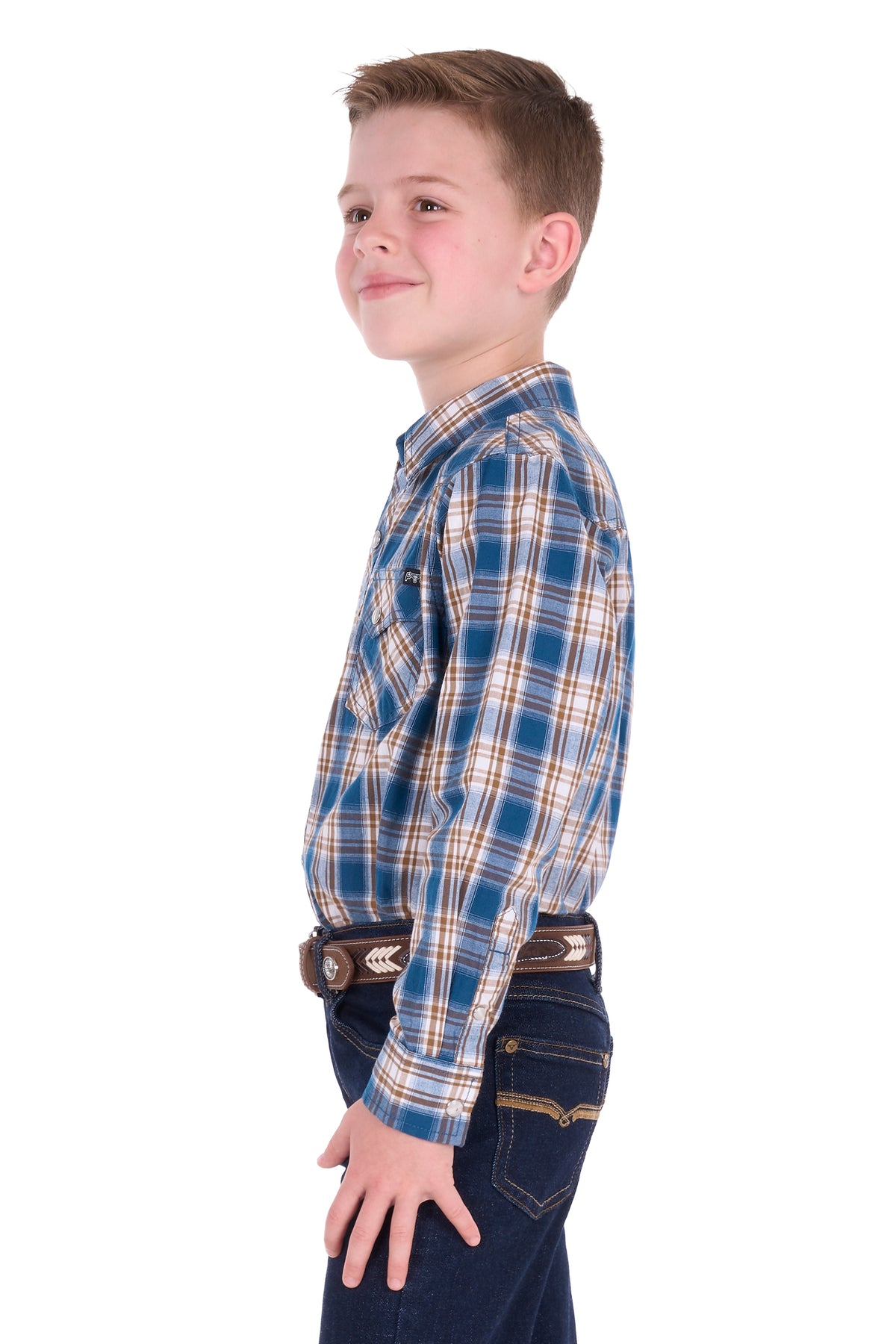 Pure Western Boys' Todd Check Western Long Sleeve Shirt - Navy/Tan - P6S3100301