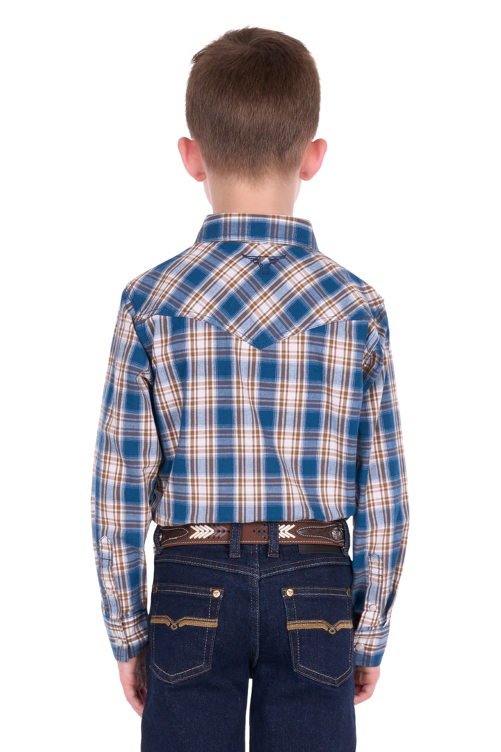 Pure Western Boys' Todd Check Western Long Sleeve Shirt - Navy/Tan - P6S3100301
