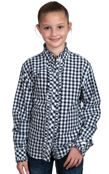 Just Country Girl's Gracie Frills Full Button Print Workshirt - Navy Check - GWLS2518