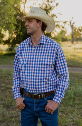 Black Colt Mens Aspley Long Sleeve Shirt - Blue & Orange Check