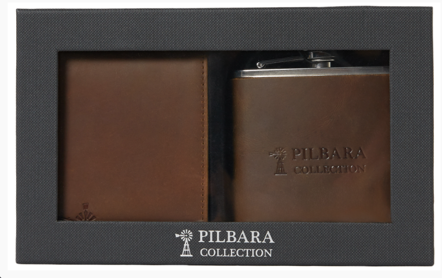 Pilbara Leather Wallet & Hip Flask Gift Box - Brown - RMPA009