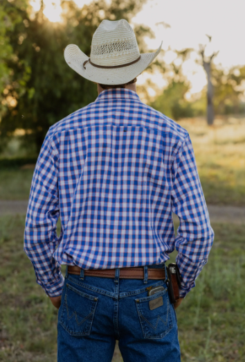 Black Colt Mens Aspley Long Sleeve Shirt - Blue & Orange Check