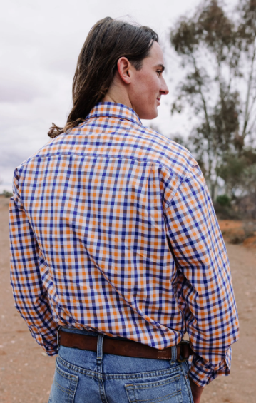 Black Colt Mens Aspley Half Button Long Sleeve Shirt - Orange & Blue Check