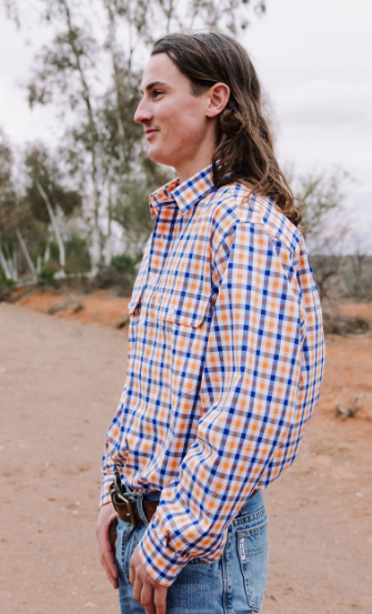 Black Colt Mens Aspley Half Button Long Sleeve Shirt - Orange & Blue Check