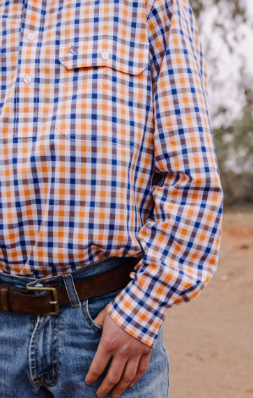 Black Colt Mens Aspley Half Button Long Sleeve Shirt - Orange & Blue Check
